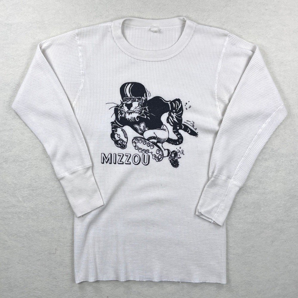 Vintage 60s Mizzou Tigers Thermal Shirt White Waffle Knit Long Sleeve Mens Small